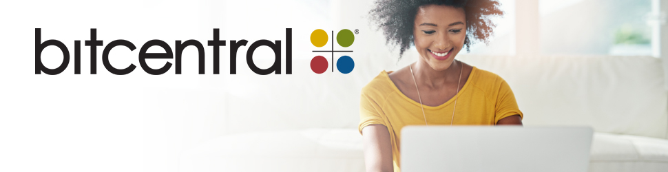 Woman in front of computer with Bitcentral logo